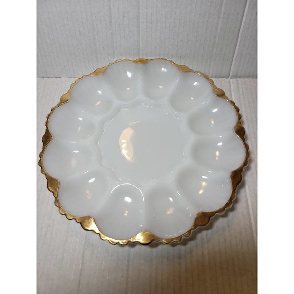 COPY - Anchor Hocking vintage milk glass with gold trim Egg Serving Dish - Picture 1 of 2